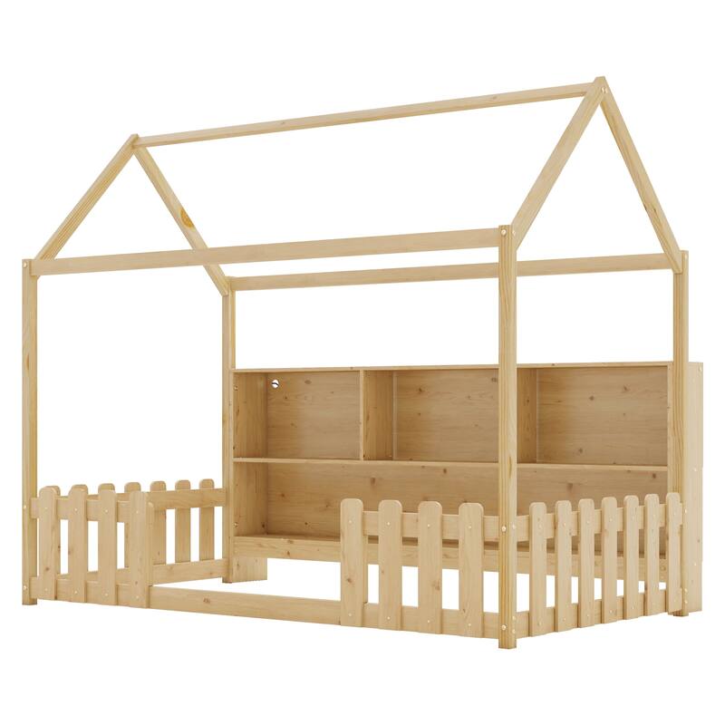 House Bed with LED Storage Bookshelf and Guardrails