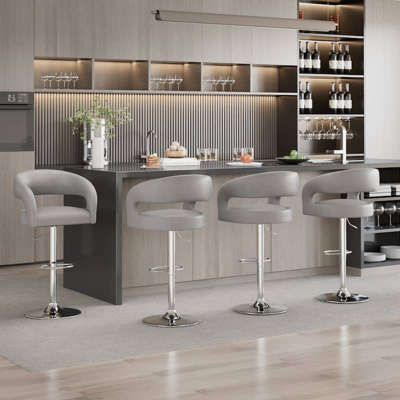 VECELO Set of 4 Swivel Bar Stools Rounded Mid-Back Barstools with Adjustable Height 360° Rotation 16" Base with Footrest - Light Gray