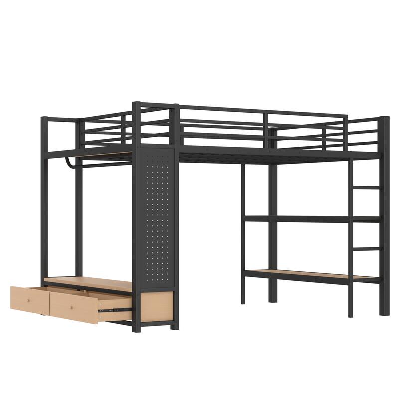 Metal Loft Bed Frame with Wardrobe, Shelves and 2 Drawers, Heavy Duty Metal Slat, Noise Free, High Loftbed Frame