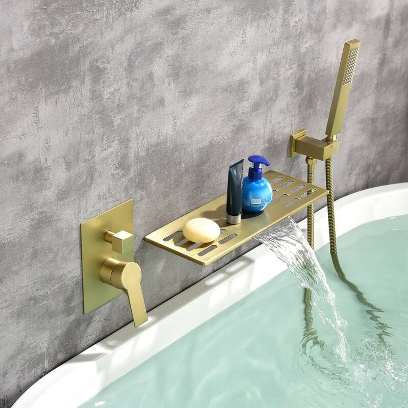 Wall Mount Bathtub Faucet With Handheld Shower Waterfall Tub Faucet Single Handle Tub Filler Set Complete With Rough-In Valve