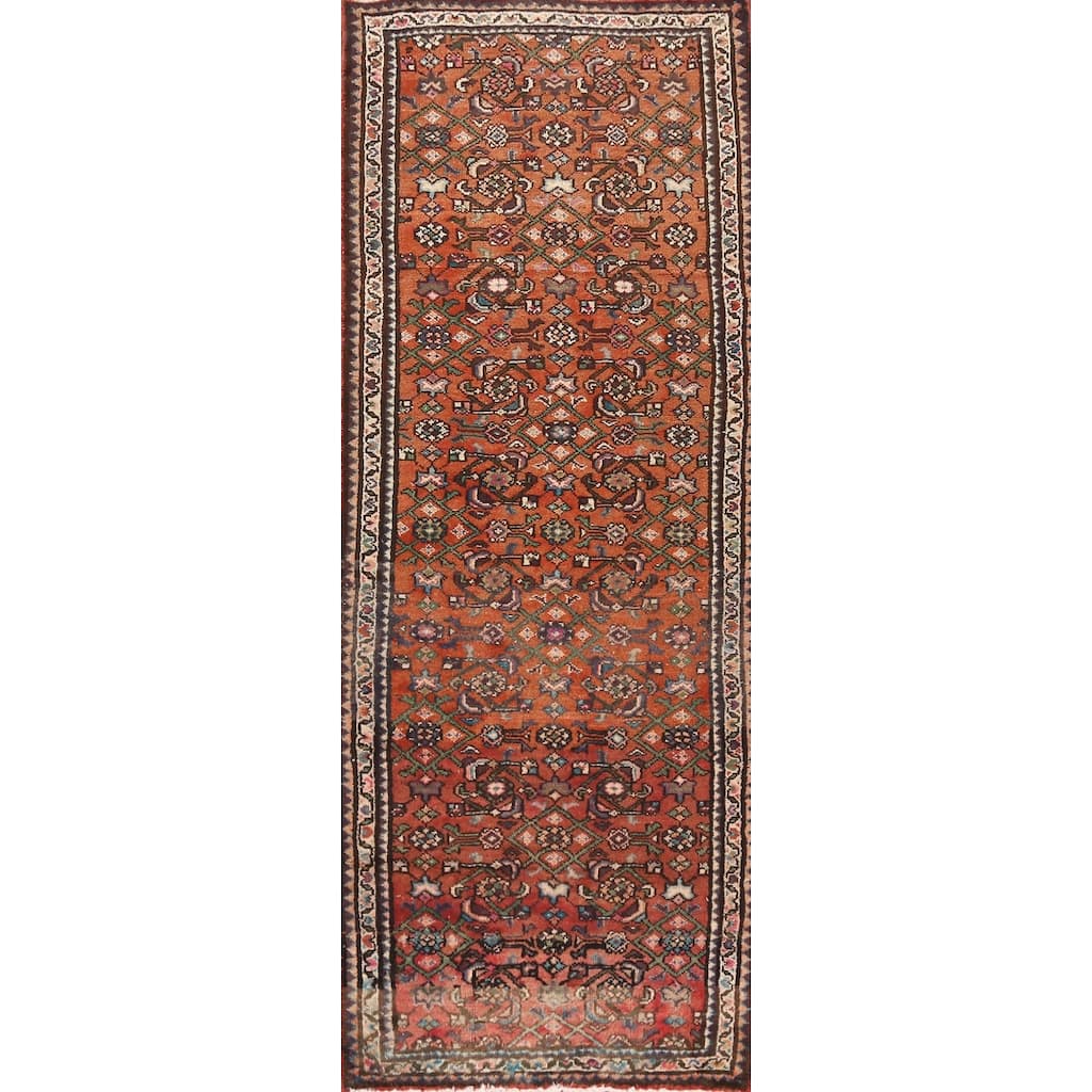 Hand Knotted Oriental 100% Wool Carpet Traditional All-Over Oranges & Rust Hamedan Runner Rug - 8' 2'' X 2' 8''