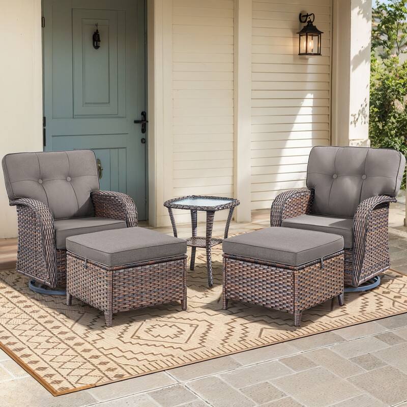 5 Pieces Pocassy Swivel Chair Table with Ottomans - Brown Wicker & Red Cushion