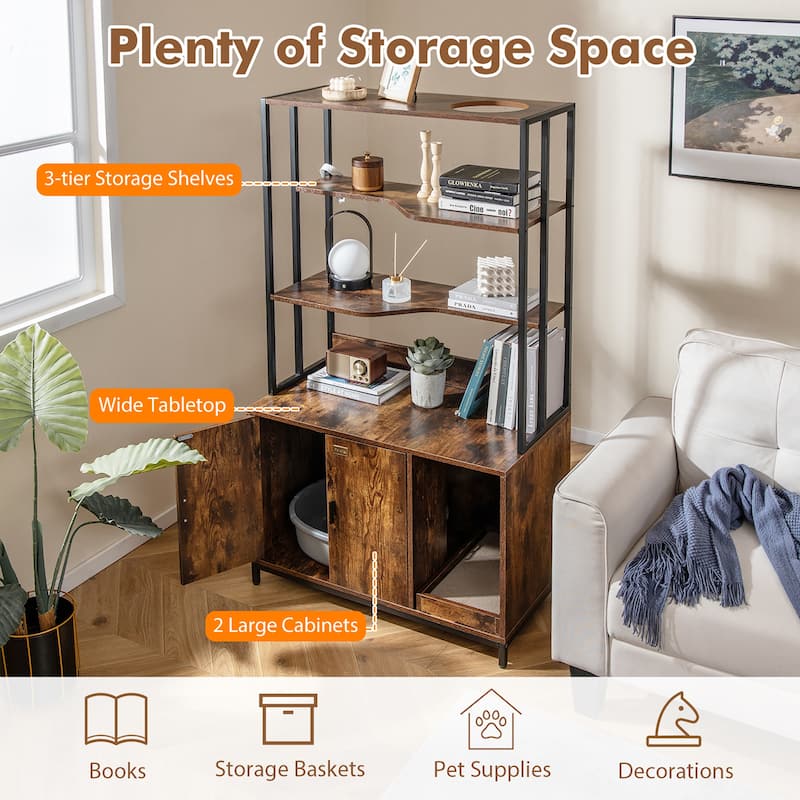 Gymax 61'' Cat Litter Box Enclosure w/ Storage 3-tier Shelves Side