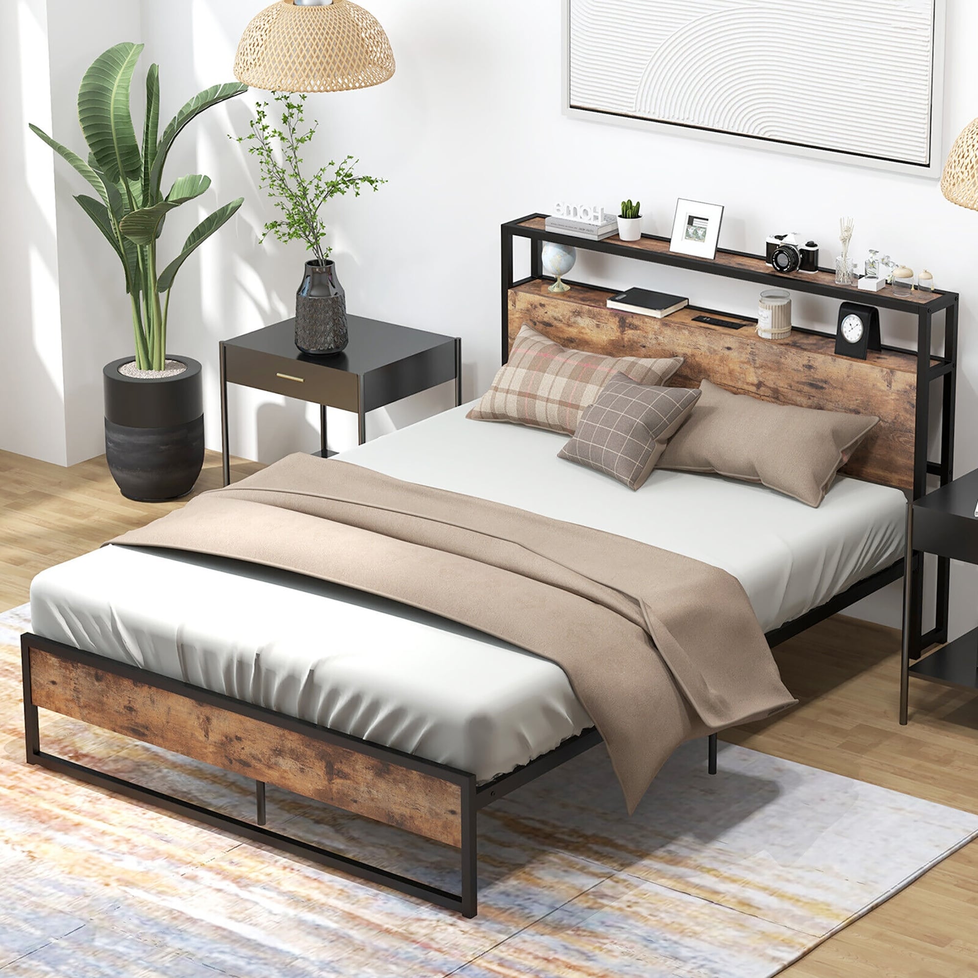 Gymax Full Size Industrial Platform Bed Frame with Charging Station