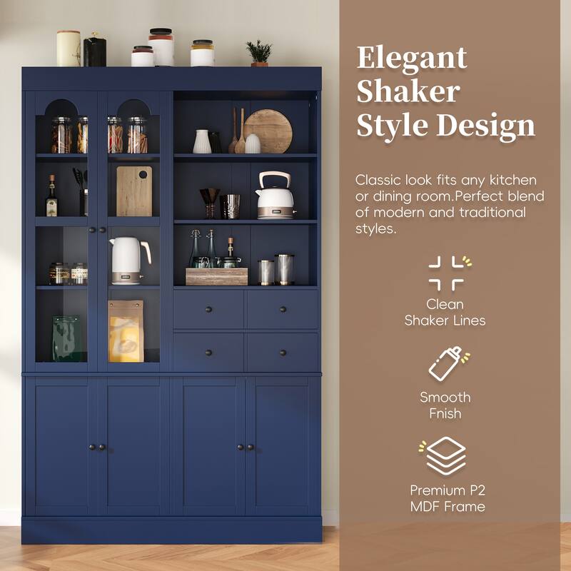 Roomfitters 75 Inch Tall Kitchen Pantry Buffet Hutch with 4 Drawers and Glass Doors, Shaker Style