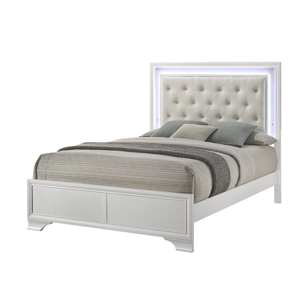 Modern White Tufted LED Headboard Queen Size Panel Bed with Textured Finish & Integrated Lighting