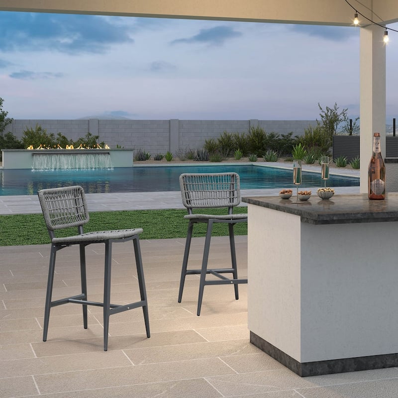 PURPLE LEAF Bar Stools Set of 2 Patio Wicker Bar Height Metal Chairs Boho High Barstools with Back for Garden Outdoor - Counter Height-Dark Grey