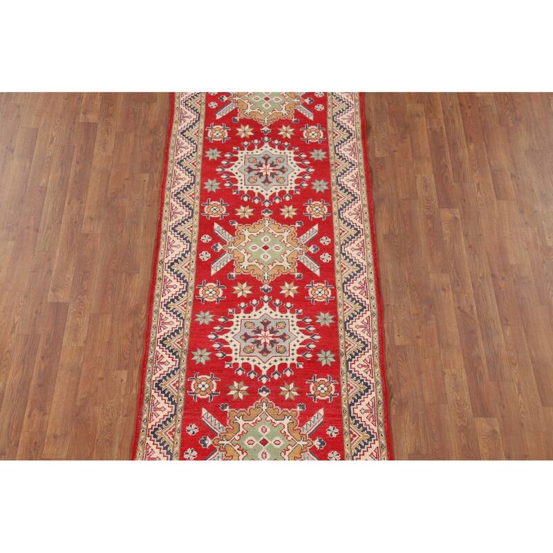 Geometric Kazak Runner Rug Handmade Red Wool Carpet - 2'11" x 9'8"