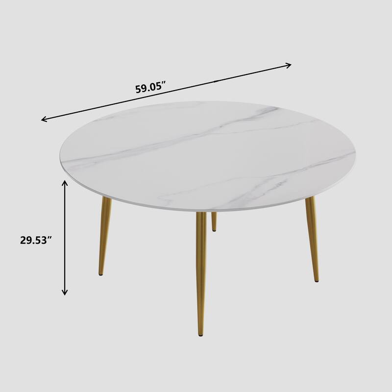 59" White Round Dining Table with Marble Top and Metal Legs