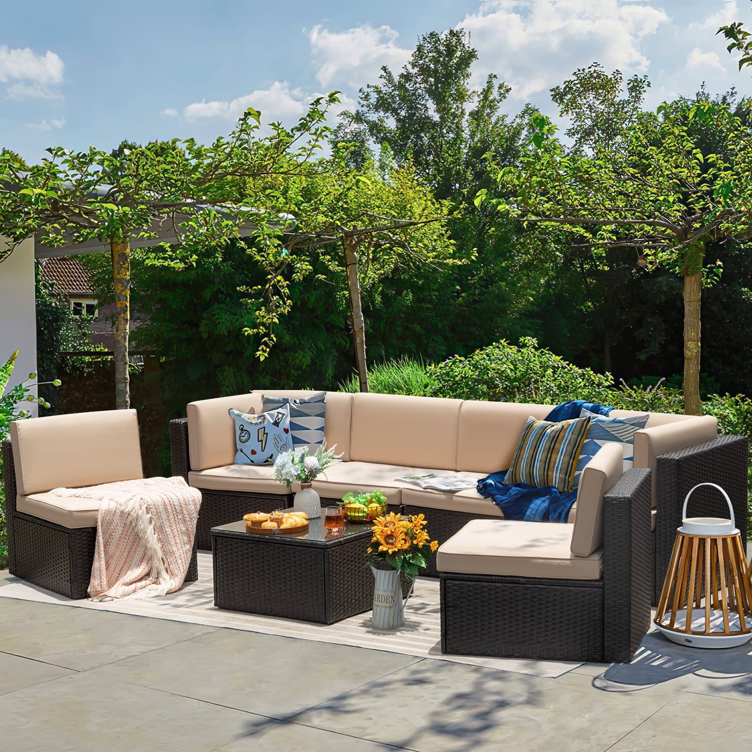 Furniwell 7-Piece Patio Furniture Set - Acacia Wood & Rattan