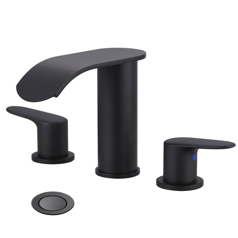 WOWOW 8 in.Double Handle Waterfall Bathroom Faucet with Pop-up Drain - Black