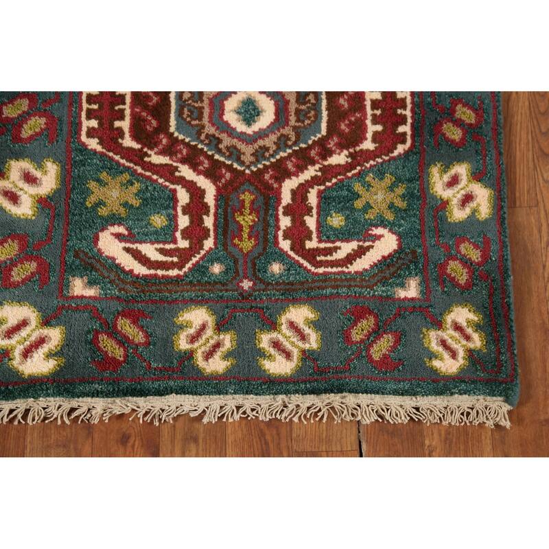 Green Geometric Kazak Indian Runner Rug Handmade Wool Carpet - 2'5"x 9'10"