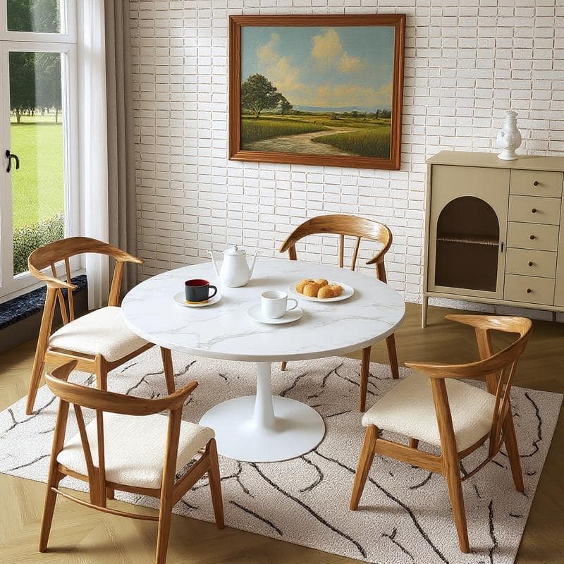 Grondin Mid-Century Modern Round Kitchen or Dining Table with Premium MDF Top and Steel Pedestal Base for Dining Room