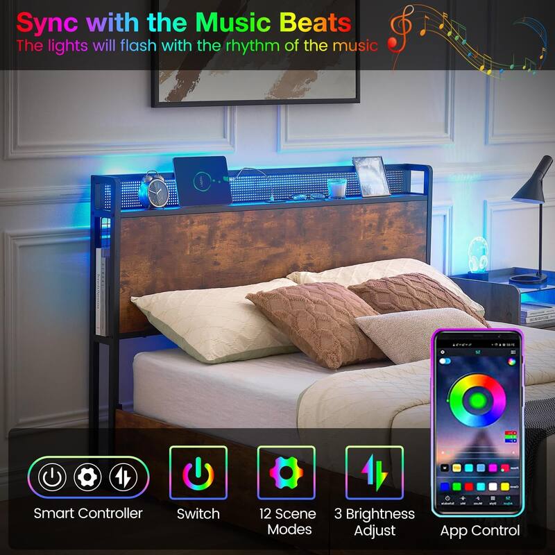 Bed Frame with Storage Drawers and Charging Station