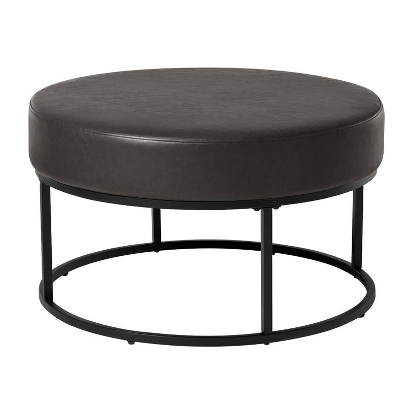 Faux Leather Round Ottoman for Living Room with Metal Legs