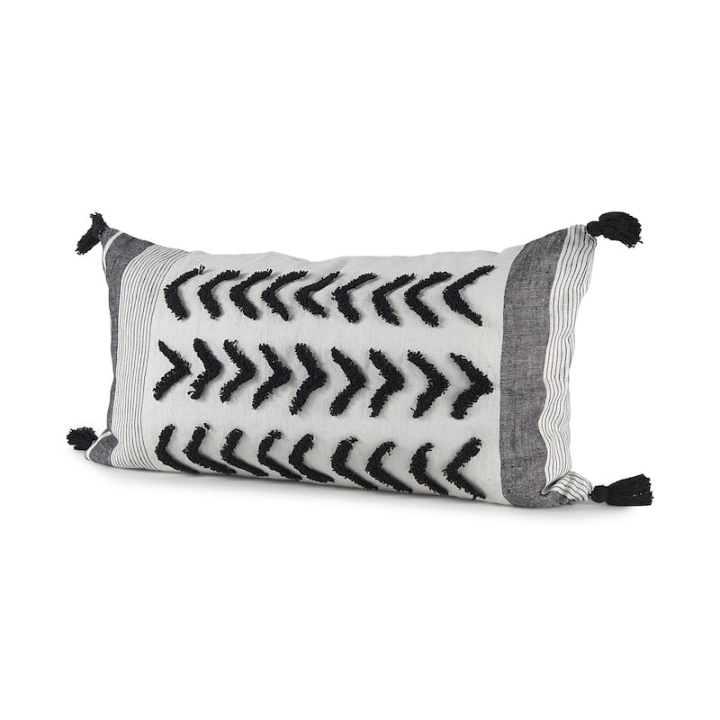 White and Gray Fringed Pillow Cover - 26"W x 14"D x 1"H