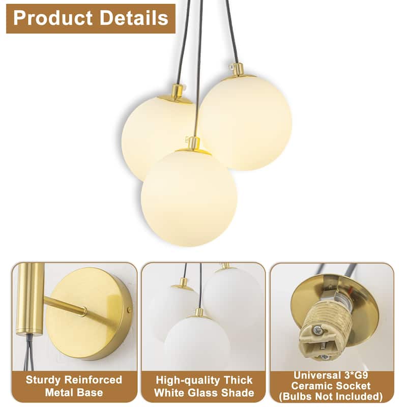 3-Light Modern Gold Metal Wall Sconce Glass Globe Shades