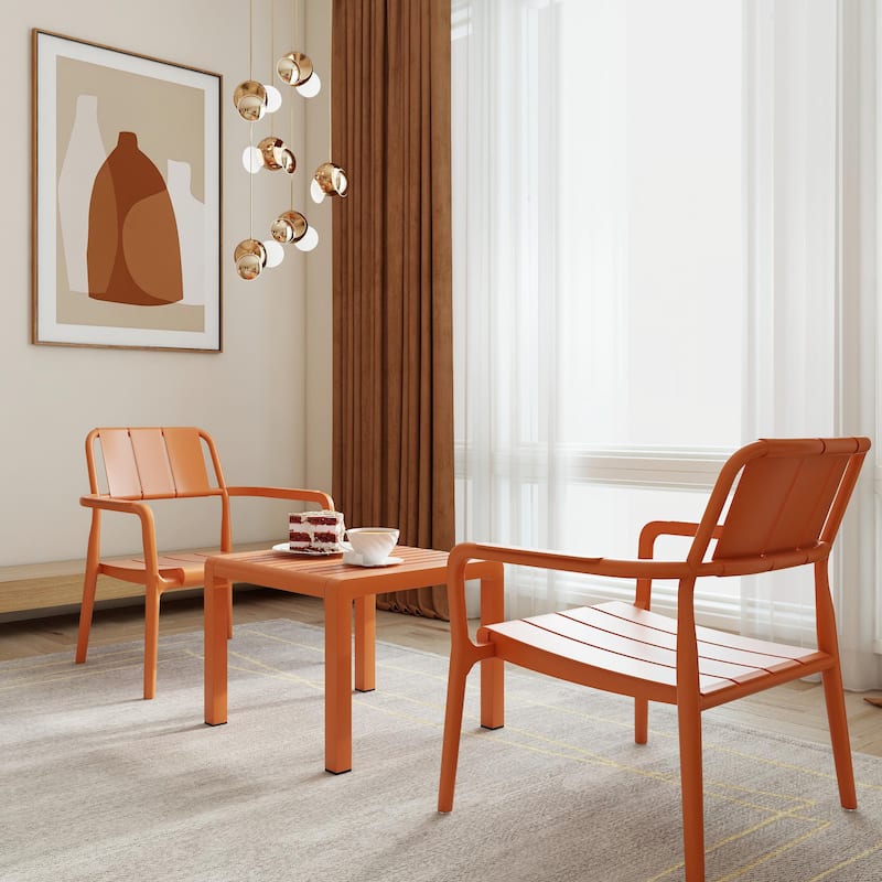 Commercial-Grade PP Chair Set with Coffee Table - No Assembly - Brown - 2 Chairs + 1 Table