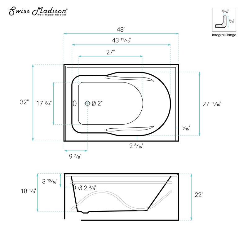 Dieppe 48'' X 32" Bathtub With Apron Left Hand Drain In White - 32x48 Left