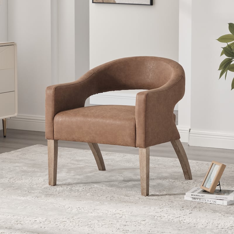 Modern Upholstered PU Open Back Accent Armchair Barrel Dining Chair with Weathered Rubberwood Legs, Hollow-Out Side Club Chair - Brown