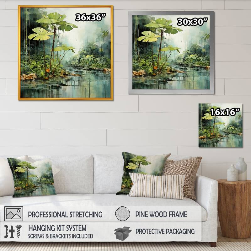 Designart "Tropical Jungle River II" Coastal Tropical Wall Decor Green Coastal Bedroom Framed Canvas Wall Art