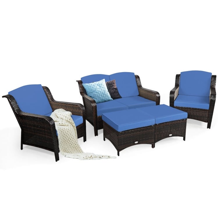 5 Pieces Patio Rattan Sofa Set with Cushion and Ottoman - 51" x 33.5" x 33" (L x W x H)