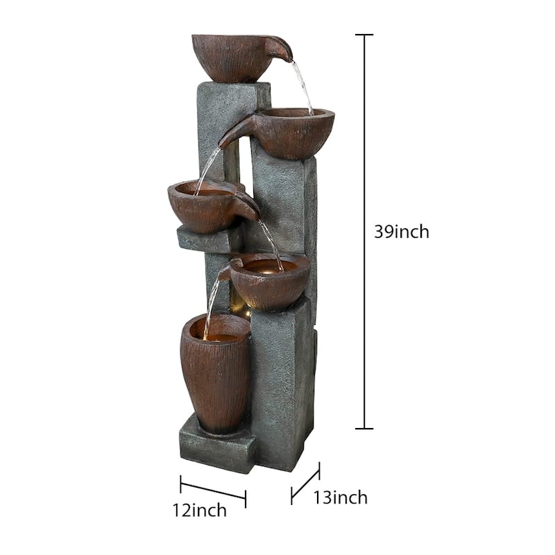 5-Tier Outdoor Water Garden Fountains with LED Lighting for Patio