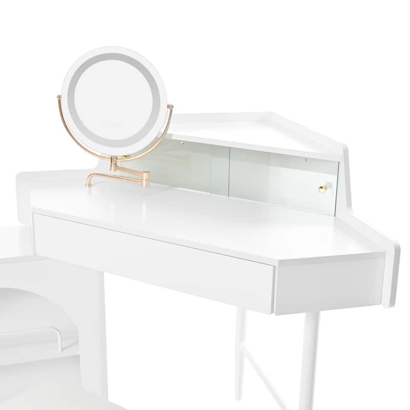 Corner Makeup Vanity Desk With Mirror & LED Lights