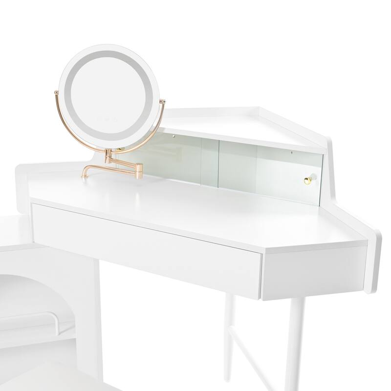 Corner Vanity Desk with Mirror & Lights, Wood Fluted Makeup Vanity Desk, Dressing Table with Large Storage Space