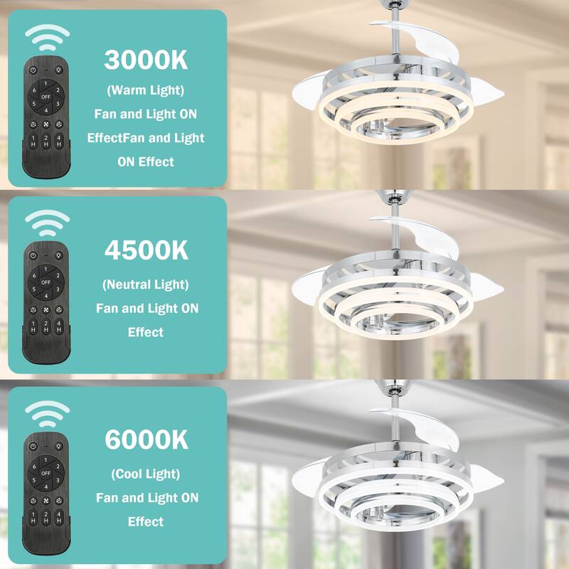 Cusp Barn Modern 42" Retractable Ceiling Fan with Lights and Remote, 6 Speed LED Ceiling Lighting for Bedroom Living Room