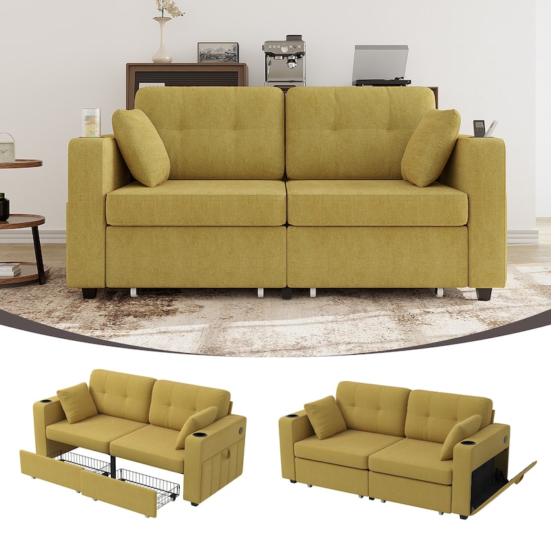Sofas, Couch Set, 3 Seats Sofa, USB Charging,Wood Frame, Easy to Install, with Storage, Charging Station, Cup Holder - Mustard yellow