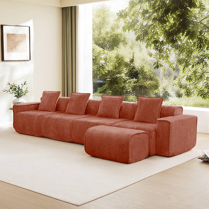 GDFStudio - Velvet Streamlined Modular 4-Seater 138.58" L-Shaped Sectional Sofa with Ottoman