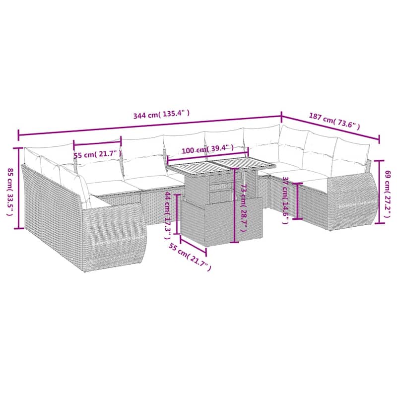 vidaXL Patio Sofa Set with Cushions Outdoor Furniture 11 Piece Poly Rattan - 24.4 x 24.4 x 27.2
