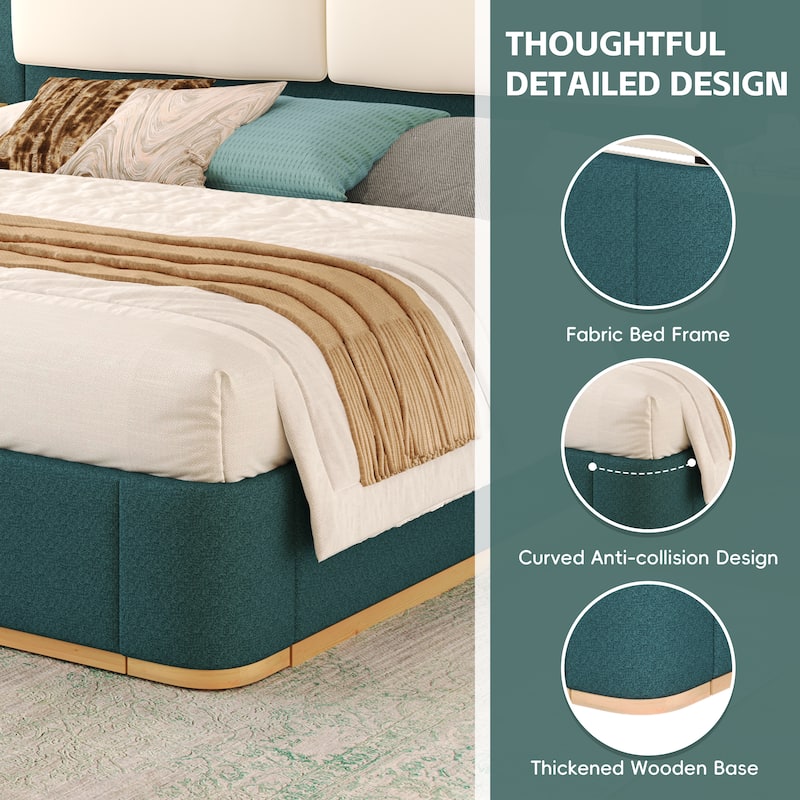 Roomfitters Queen Size Upholstered Platform Bed Frame, Modern Panel Headboard with Rounded Corners, Solid Wood Slats