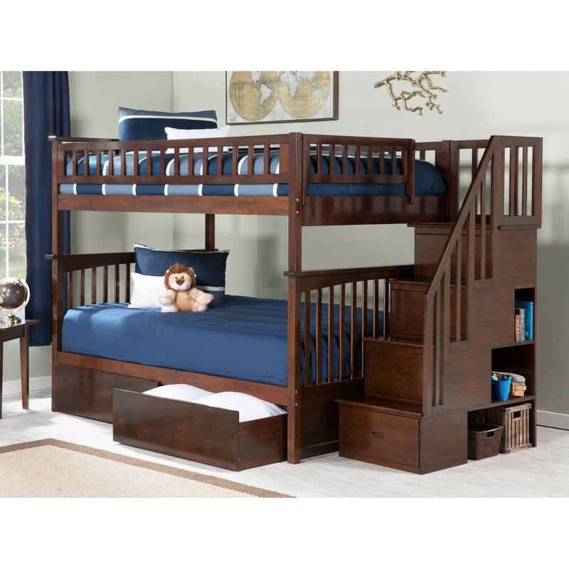 AFI Columbia Full over Full Size Staircase Bunk Bed with Bed Drawers & Charging Station in Walnut