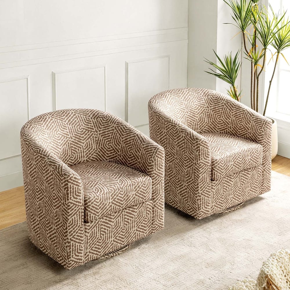 Cuenca Modern Living Room Wooden Upholstered 360° Swivel Barrel Chair with Metal Base and Wide Backrest Set of 2