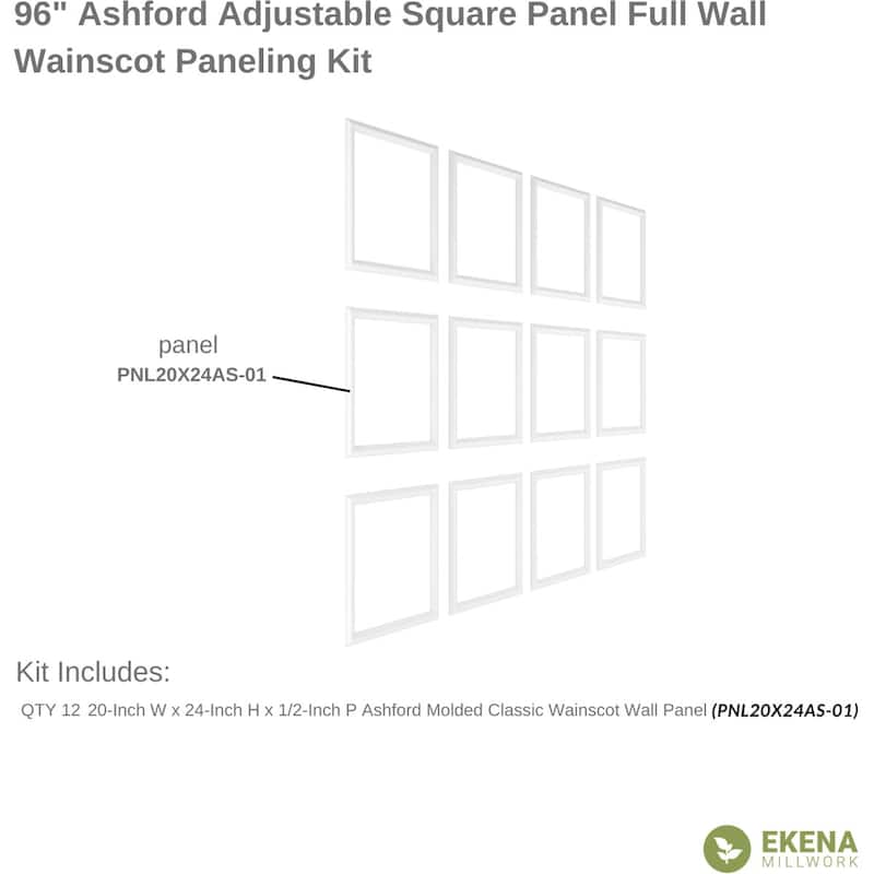 94 1/2"L Ashford Square Design Full Wall Wainscot Paneling Kit - Adjustable from Heights