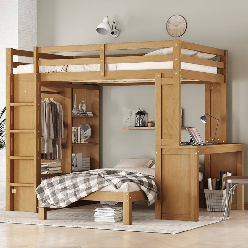 Full Over Twin Bunk Bed with Built-in Desk, Shelves and Wardrobe, Wood Bunk Bed Frame with Platform Bed and Loft Bed