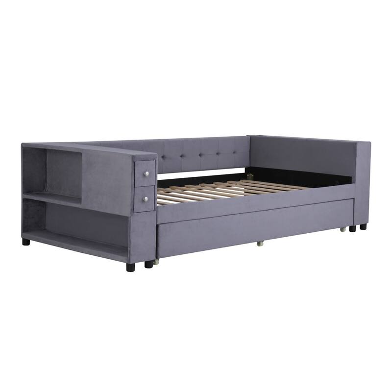 Upholstered Velvet Fabric Bed with Storage and Twin Trundle