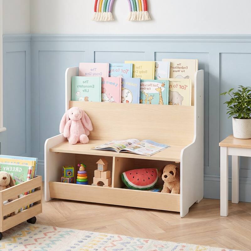 Gymax Kids Reading Nook w/Bench Bookshelf & 2 Cubbies Removable Padded