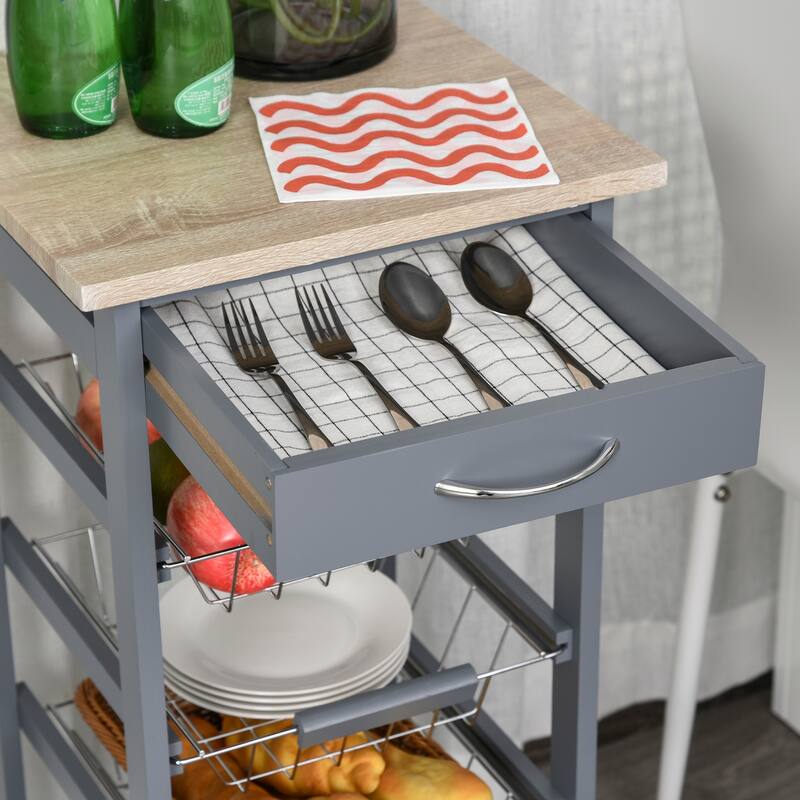 HOMCOM 32.25" Wooden Rolling Kitchen Storage Cart on 360-deg Swivel Wheels with Ample Storage Space & Solid Structure