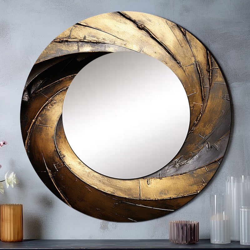 Designart "Gold Black Timeless Turn" abstract spirals Living Room Mirror - Gold Modern Large Round Mirror