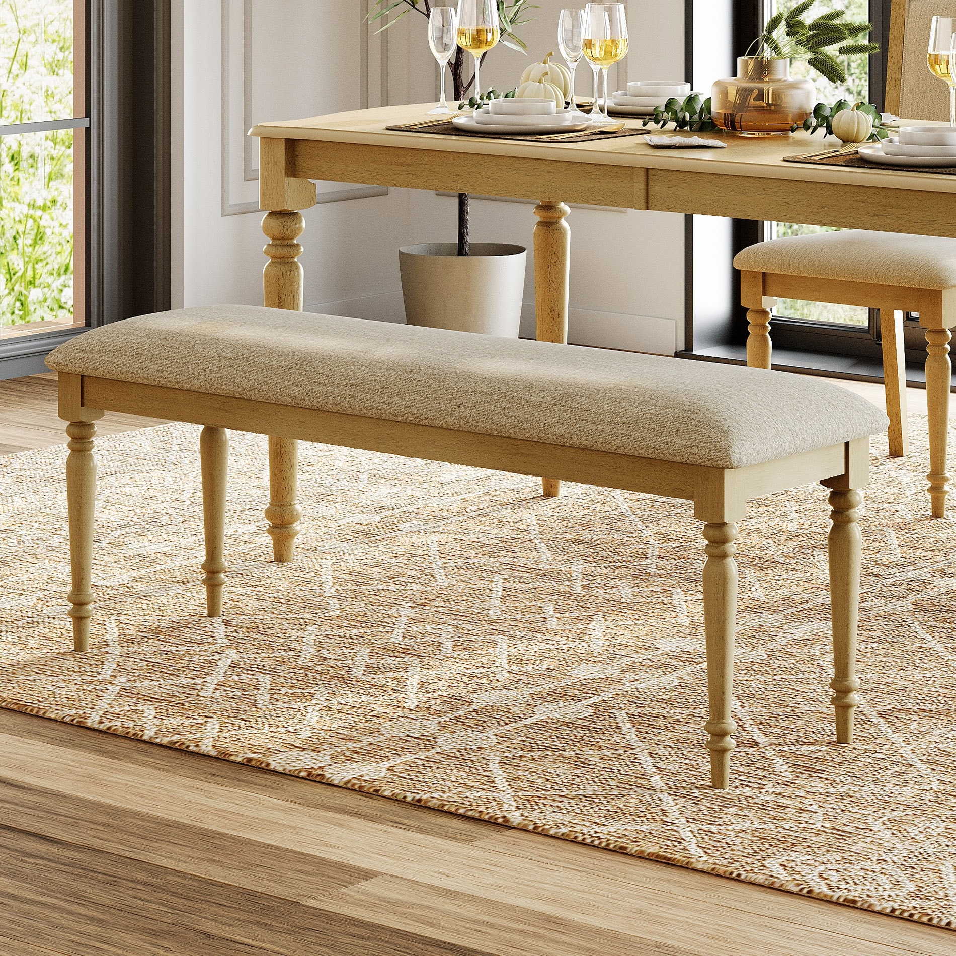Farmhouse Dining Bench, Padded End of Bed Benches with Solid Wood Leg