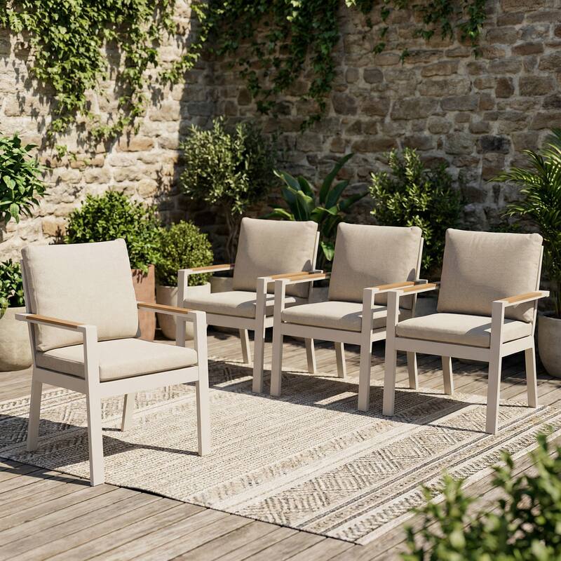 Outdoor Aluminum Dining Chair, Rust-Proof Patio Dining Chairs with Removable Cushions & Faux Wood Armrests - 4 Pieces Champagne