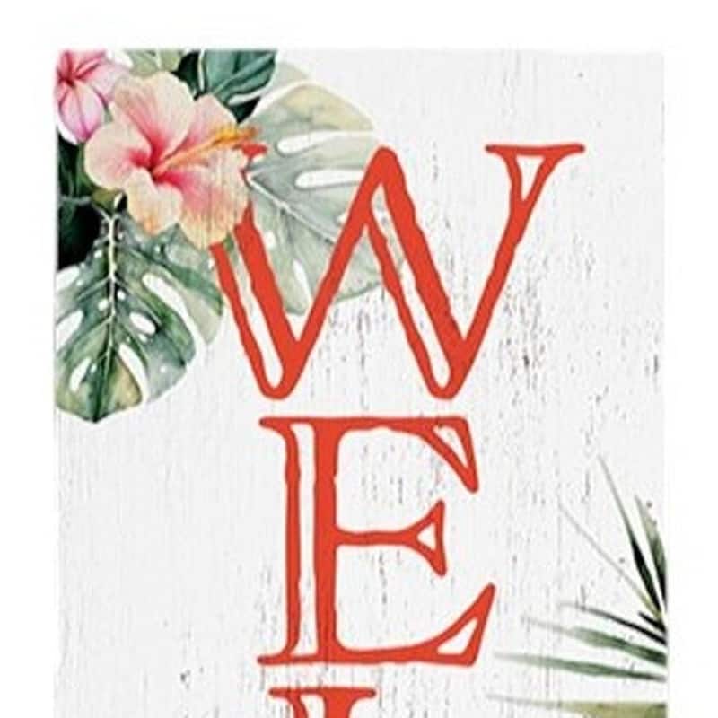 HomeRoots 36" Pink And White Solid Wood Tropical Floral Welcome Porch Sign