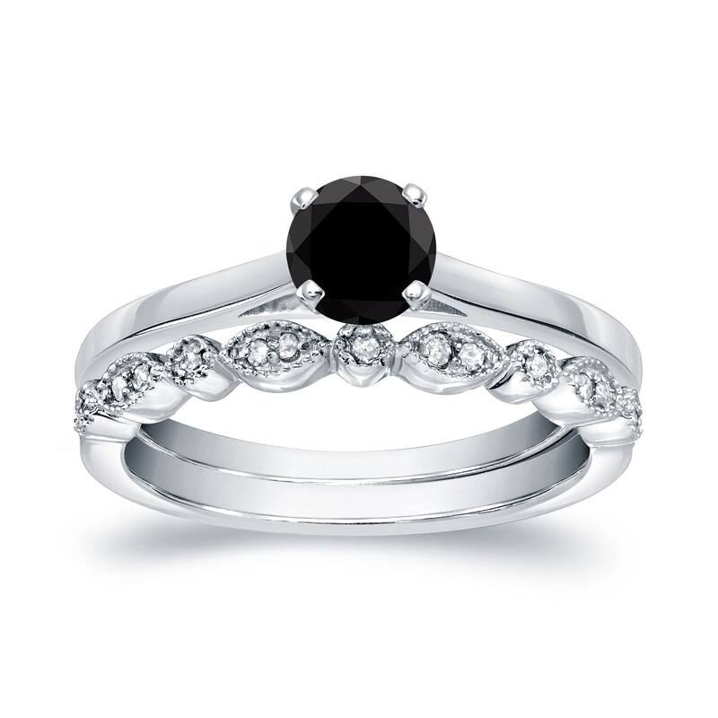 Auriya 14k Gold 1/2ctw Vintage Solitaire Black Diamond Engagement Ring Set - White - 6