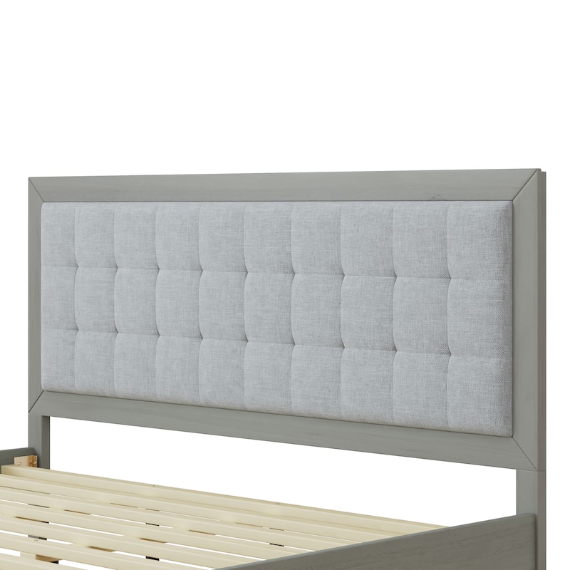 King Size Solid Wood Platform Bed with Upholstered Square-Tufted Headboard