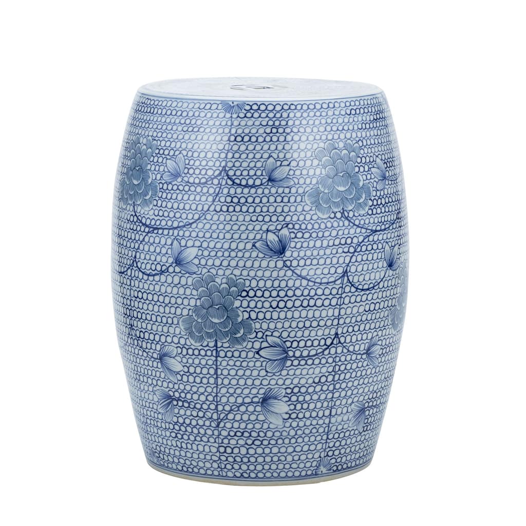 Blue And White Porcelain Chain Floral Garden Stool - 13x13x17