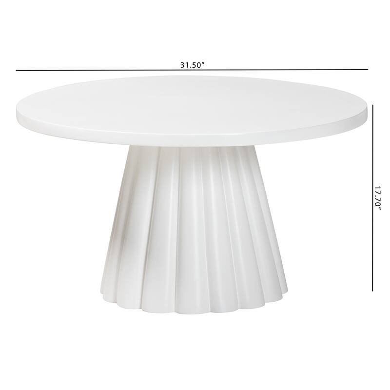 Parvana Round Coffee Table with Fluted Pedestal Base - Contemporary White Resin Accent Table for Living Room
