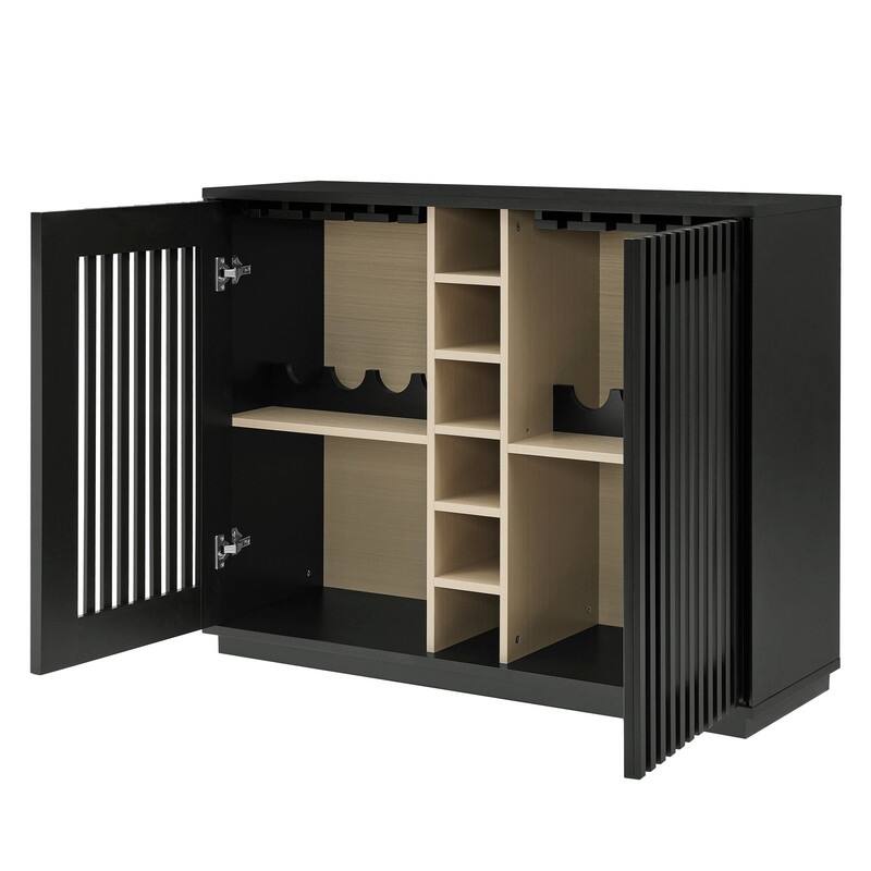 Mid Century Modern Fluted Buffet Cabinet with Wine Glass Holder and Wine Rack